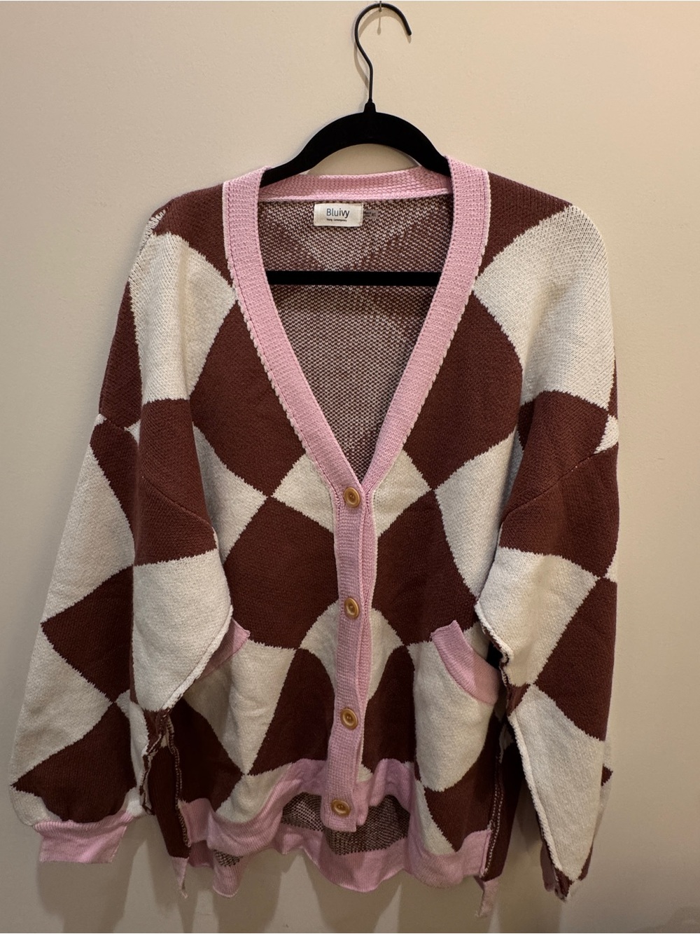 Bluivy Pink, Brown & White Diamond Cardigan Sweater
